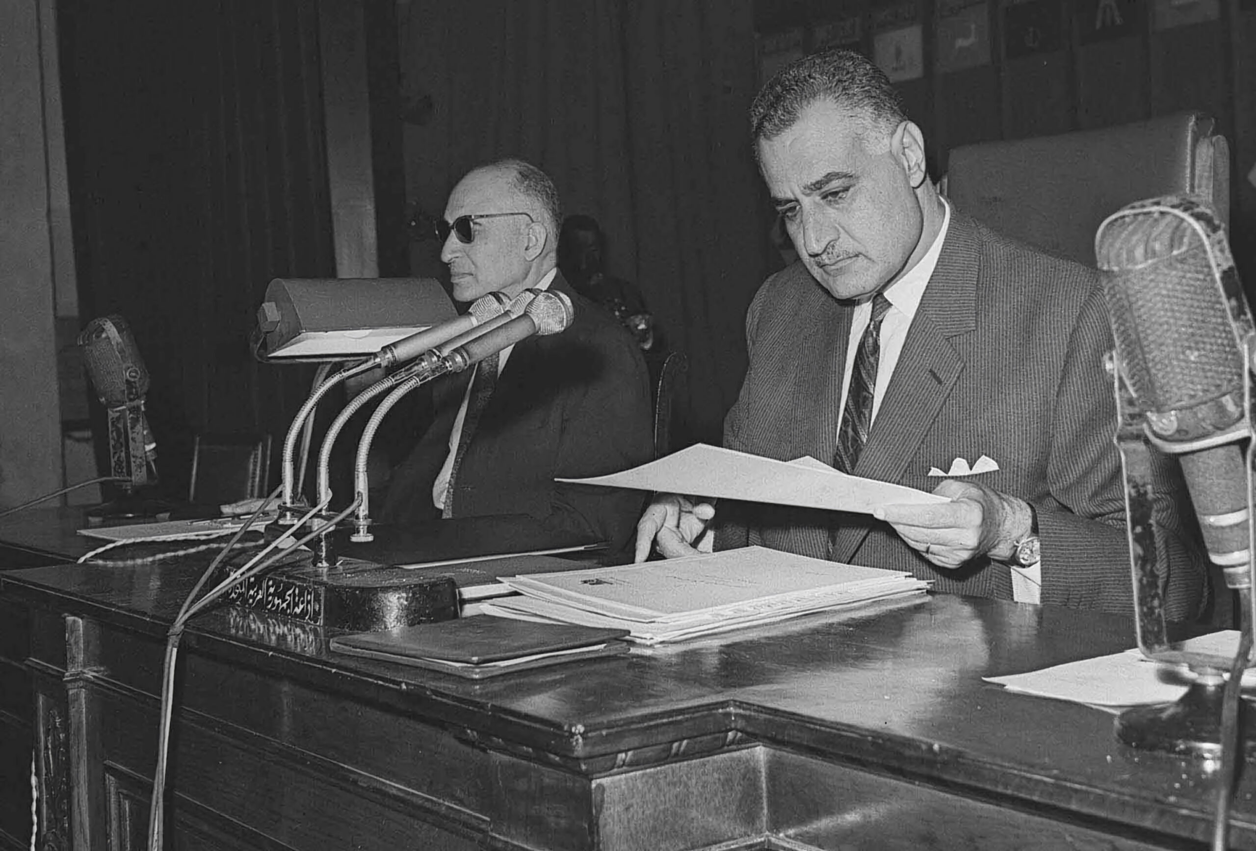 President Gamal Nasser of Egypt conducting a speech at Cairo University, 1967