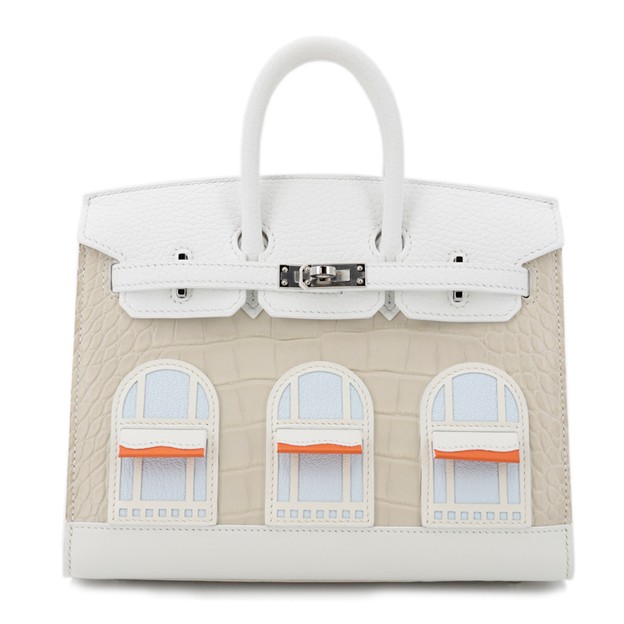 حقيبة Birkin Faubourg 20 Snowy in Beton Matte Alligator, White Clemence and Blue Brume Chevre with Palladium hardware 
