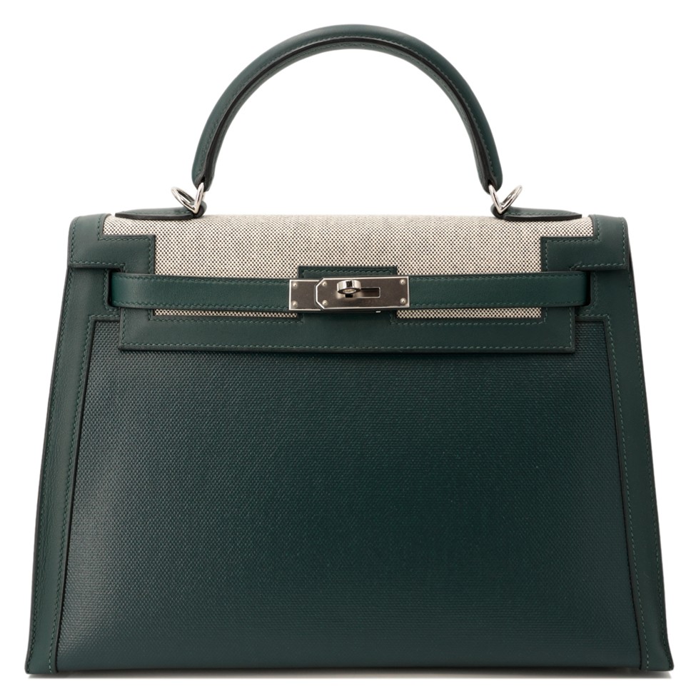 حقيبة Kelly 32 Sellier in Vert Cypress Swift and Toile H Berline canvas with Palladium hardware