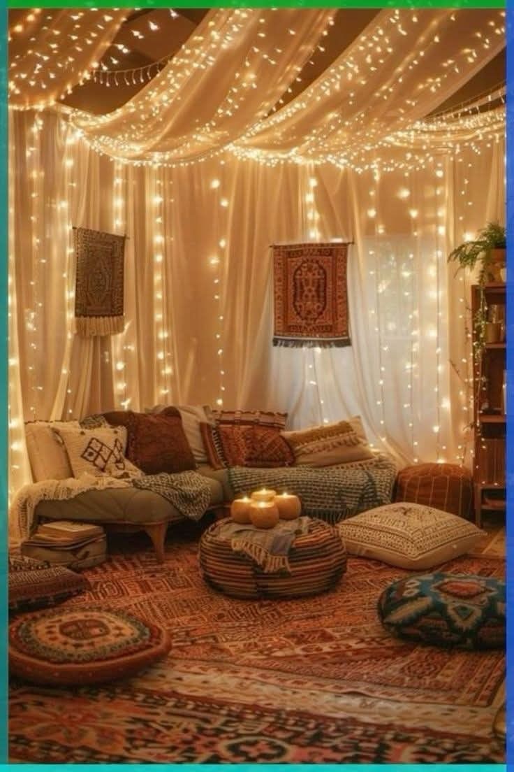 ديكور فاخر لشهر رمضان بإضاءة منسدلة على الستائر